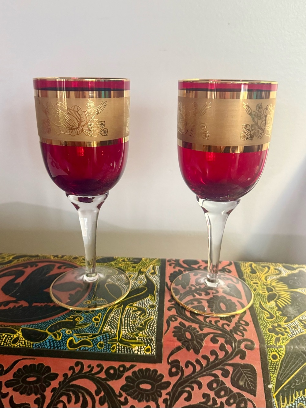 Vintage Bohemian Ruby Red & 24K Gold Crystal Wine Glasses - Pair